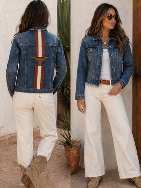 Texas Longhorn Beaded Back Denim Jacket L Western Fringe Hem UT Fan